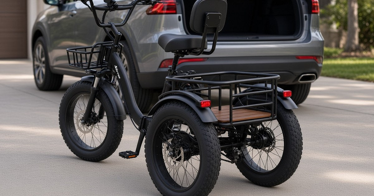 Narrak S180 folding electric trike beside an open hatchback