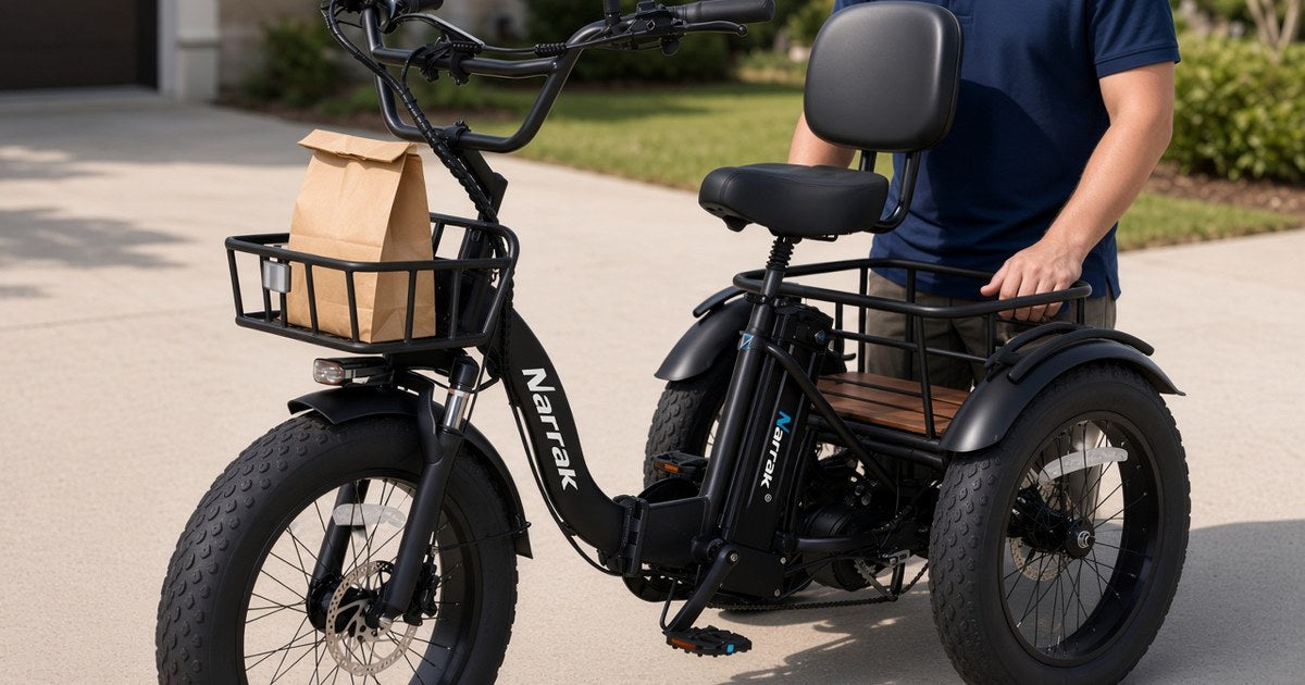 Narrak S180 folding electric trike with front basket and rear rack