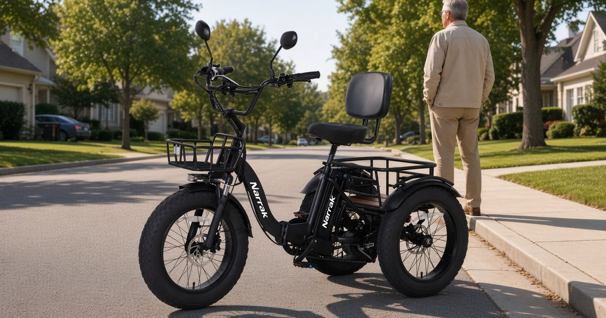 Narrak S180 folding electric trike with front basket and rear rack