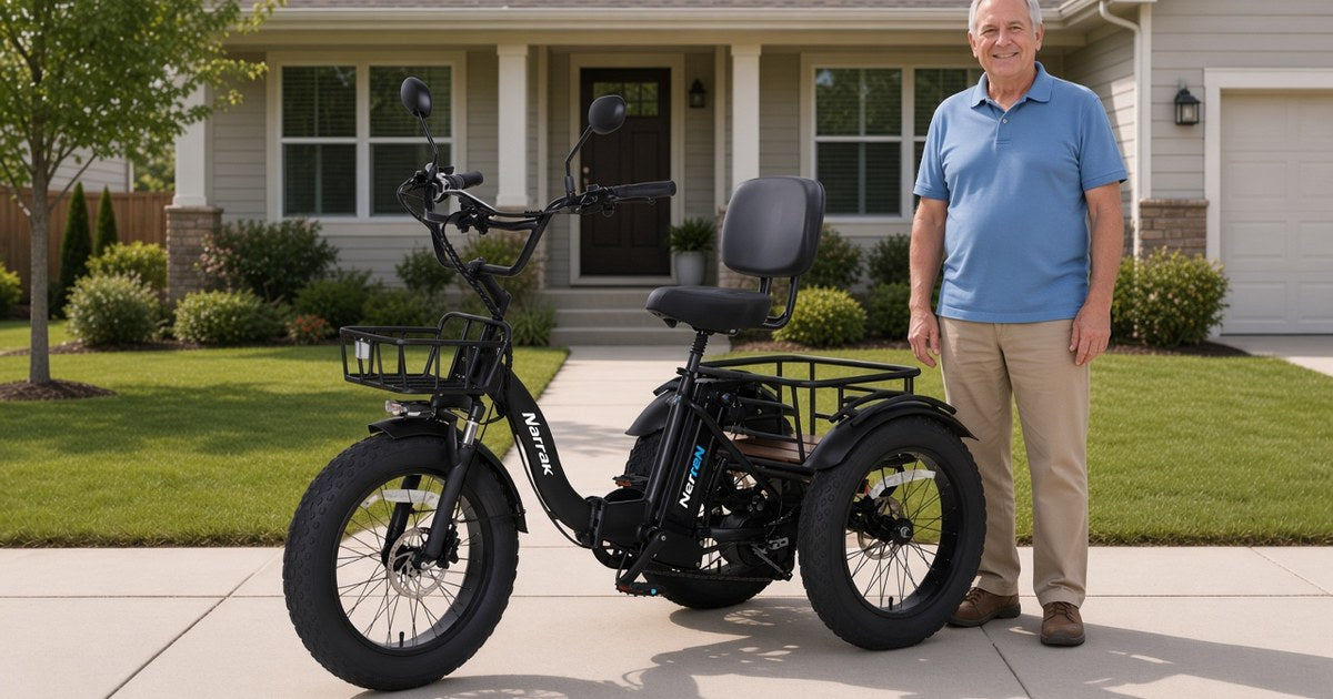 Narrak S180 folding electric trike with front basket and rear rack