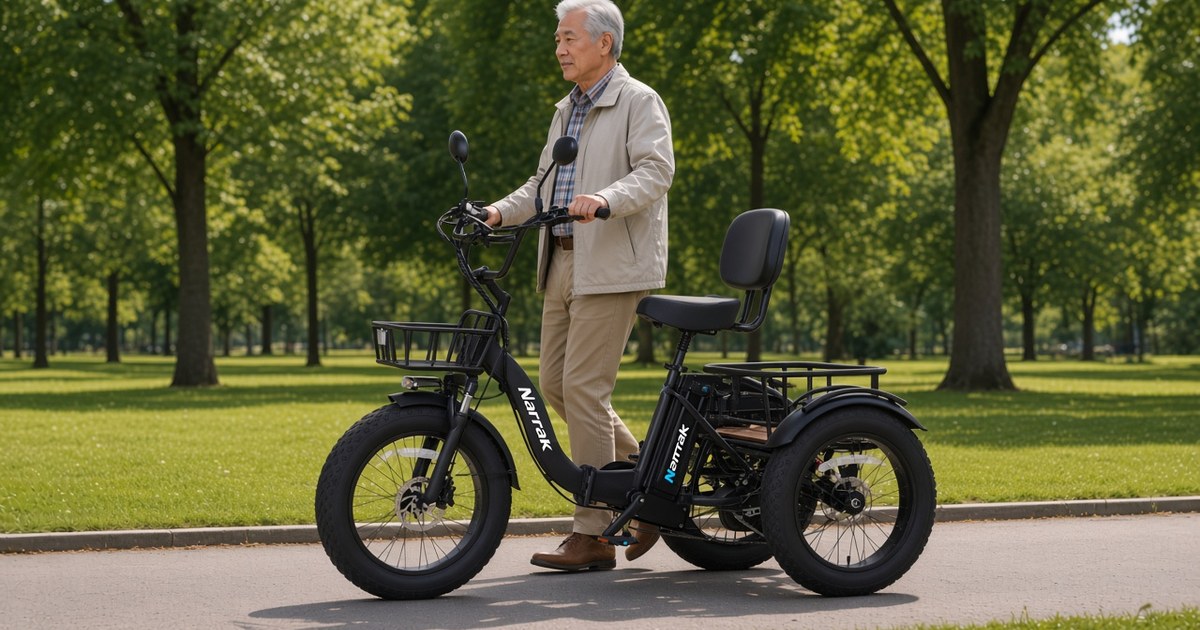 Narrak S180 folding electric trike with front basket and rear rack