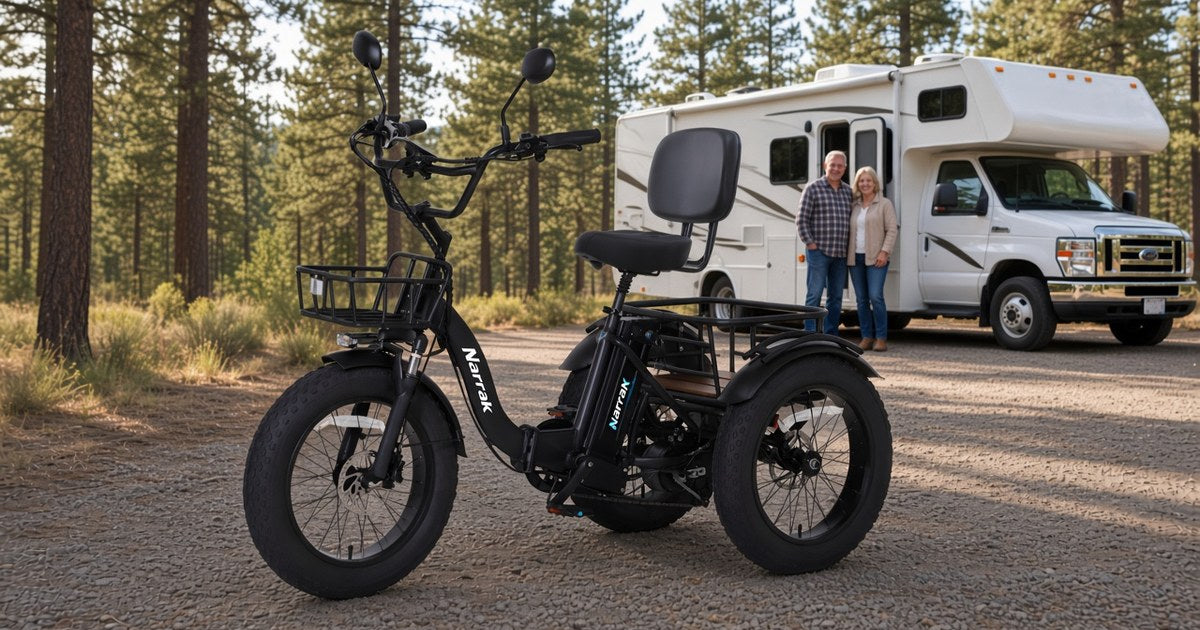 Narrak S180 folding electric trike with front basket and rear rack