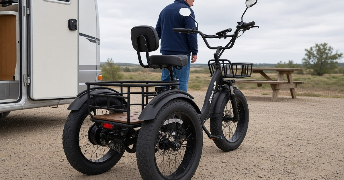 Narrak S180 electric trike parked beside an open camper door