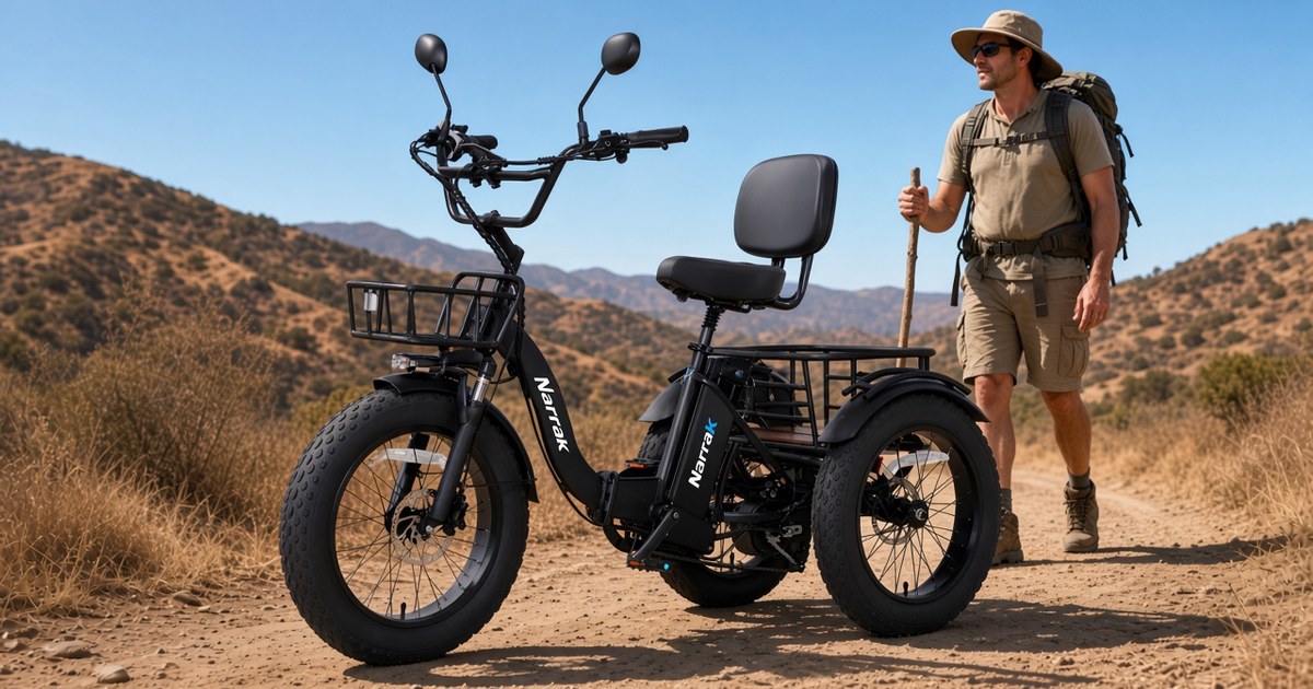 Narrak S180 folding electric trike with front basket and rear rack