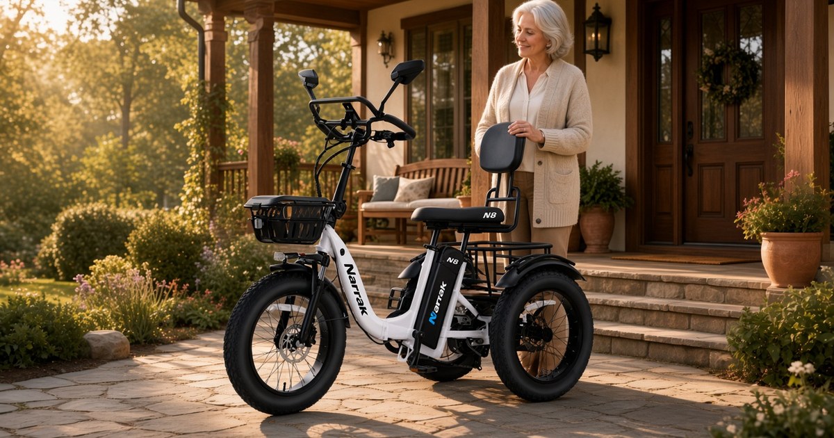 Narrak N8 electric trike with high backrest and front basket