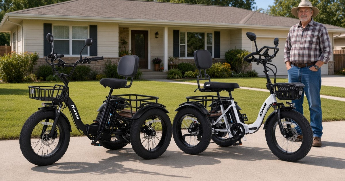 Narrak S180 folding trike beside Narrak N8 trike with high backrest