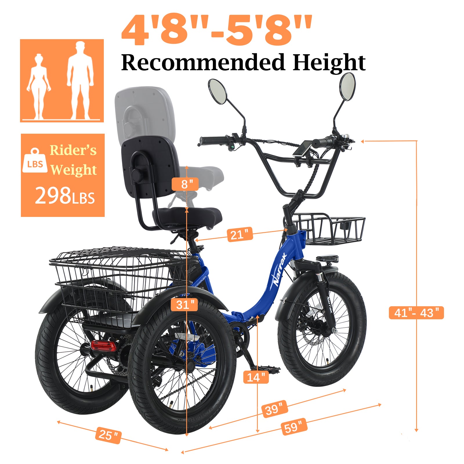 Electric Tricycle with Peak 1100W Motor, 624WH Removable Battery and Large Baskets 48V 13Ah 500W