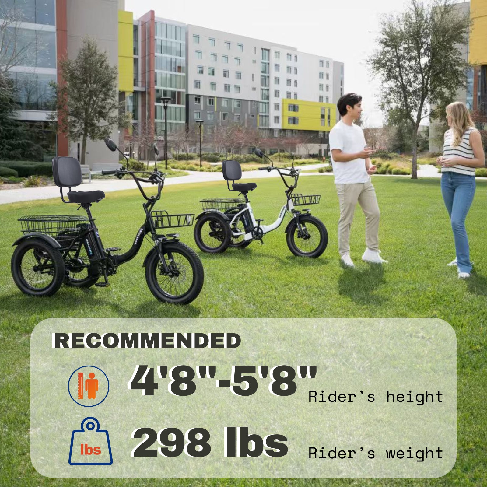 Electric Tricycle with Peak 1100W Motor, 624WH Removable Battery and Large Baskets 48V 13Ah 500W