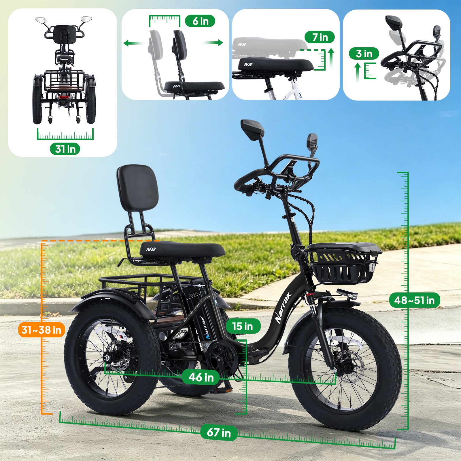 Electric Tricycle for Adults Seniors, 750W Fat Tire 3 Wheel E-Trike, 48V 13Ah UL 2849 Battery, 55-Mile Max Range, Semi-Recumbent Step-Through Adult Trike with 3 Hydraulic Brakes & Dual Baskets