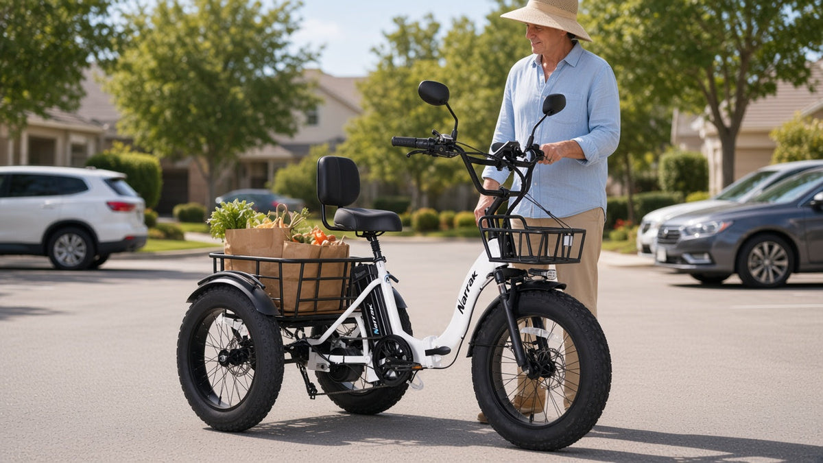 Electric cargo trike for adults: Narrak S180 folding trike with front and rear baskets loaded for grocery errands