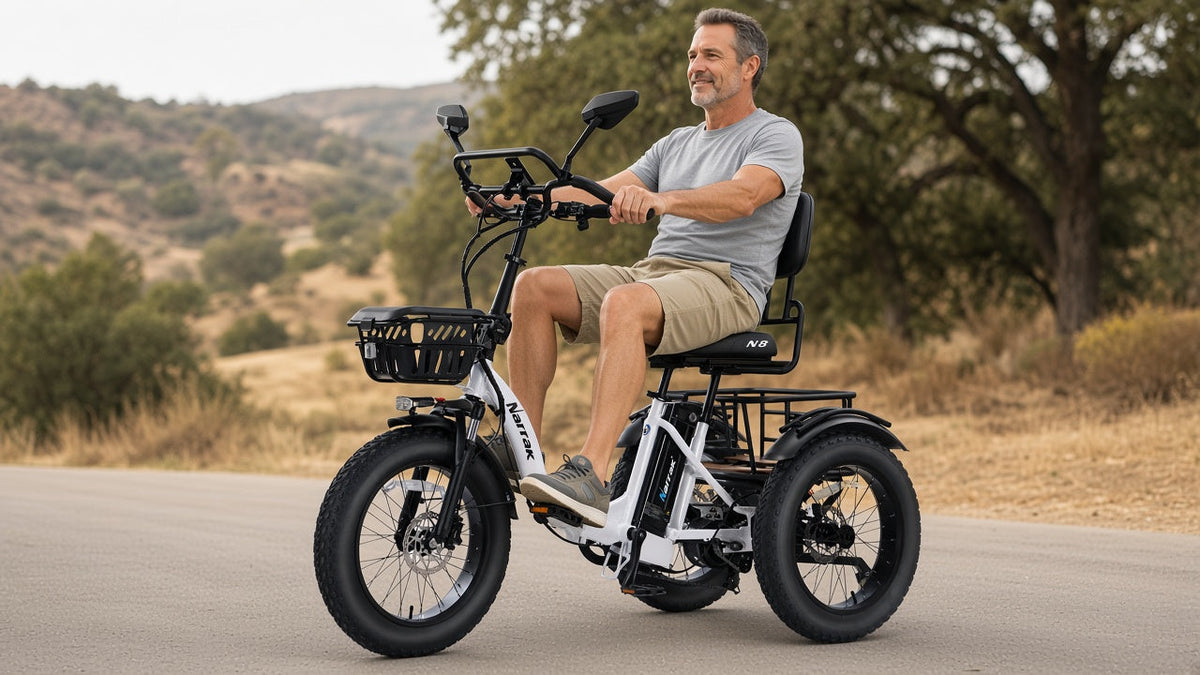 Recumbent electric trike — Narrak N8 semi-recumbent three-wheel e-trike with backrest