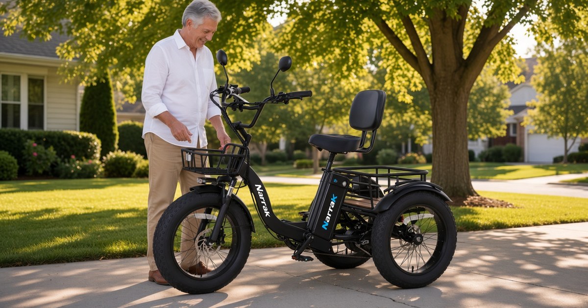 Narrak S180 folding electric trike with front basket and rear rack