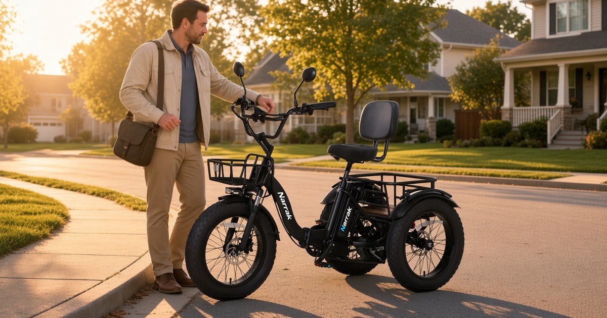 Narrak S180 folding electric trike with front basket and rear rack
