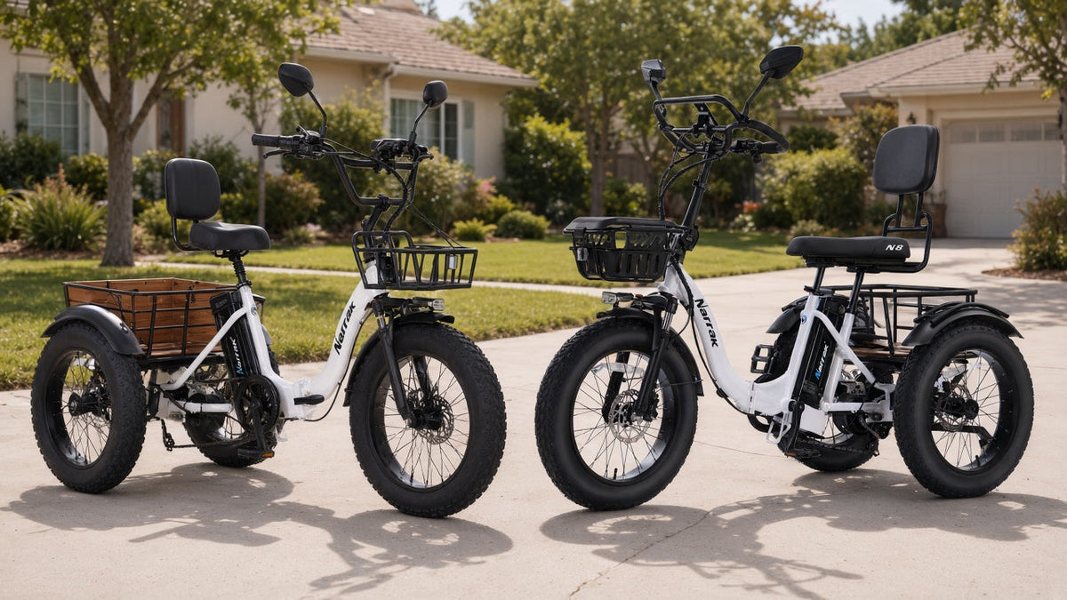S180 vs N8: Narrak folding S180 trike beside semi-recumbent N8 on a suburban driveway