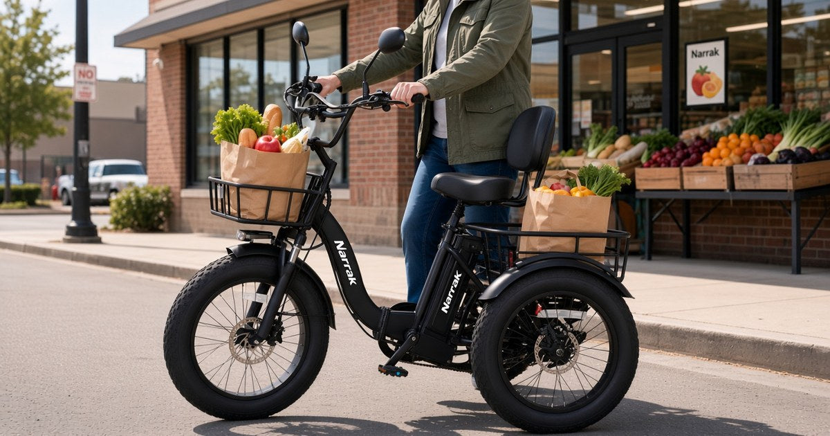 Narrak S180 folding electric trike with front basket and rear rack
