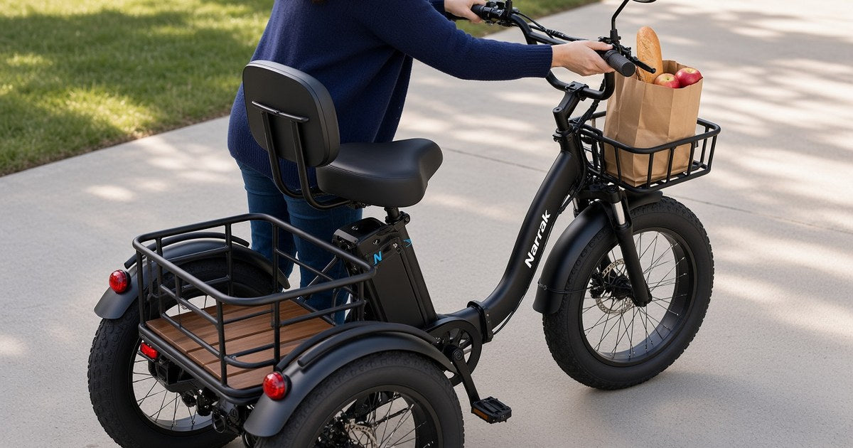 Grocery bag in the front basket of a Narrak S180 electric trike