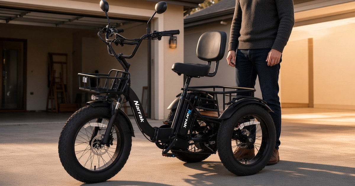 Narrak S180 folding electric trike with front basket and rear rack