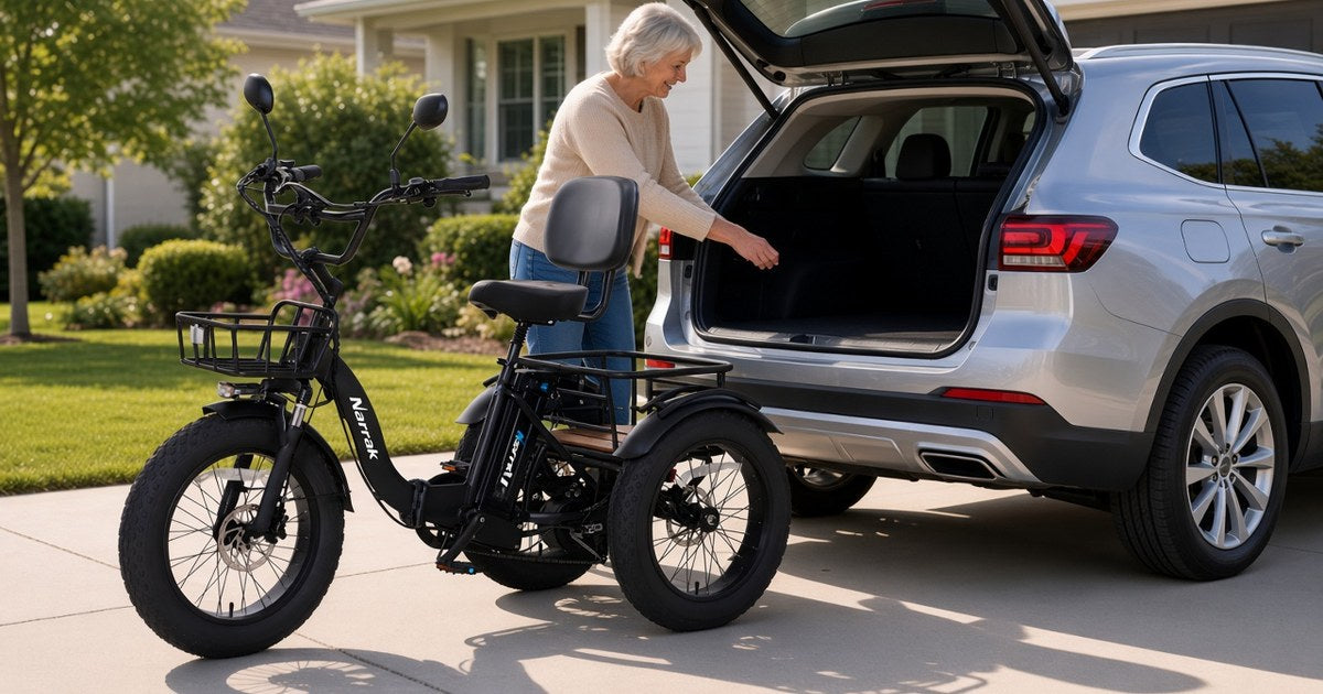 Narrak S180 folding electric trike with front basket and rear rack