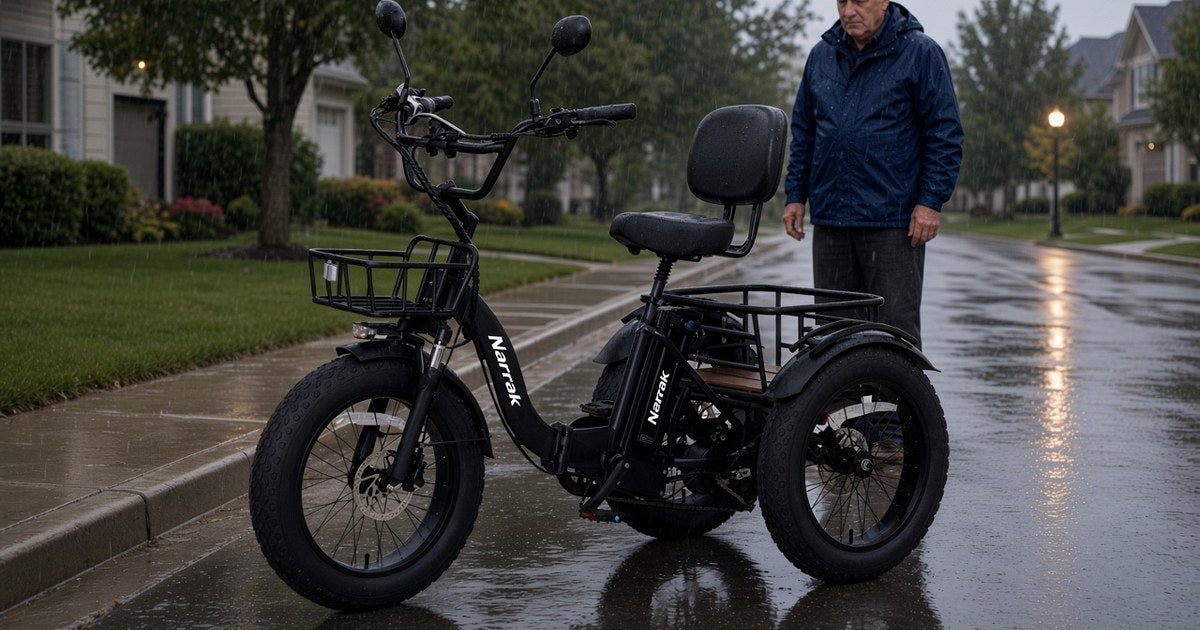 Narrak S180 folding electric trike with front basket and rear rack
