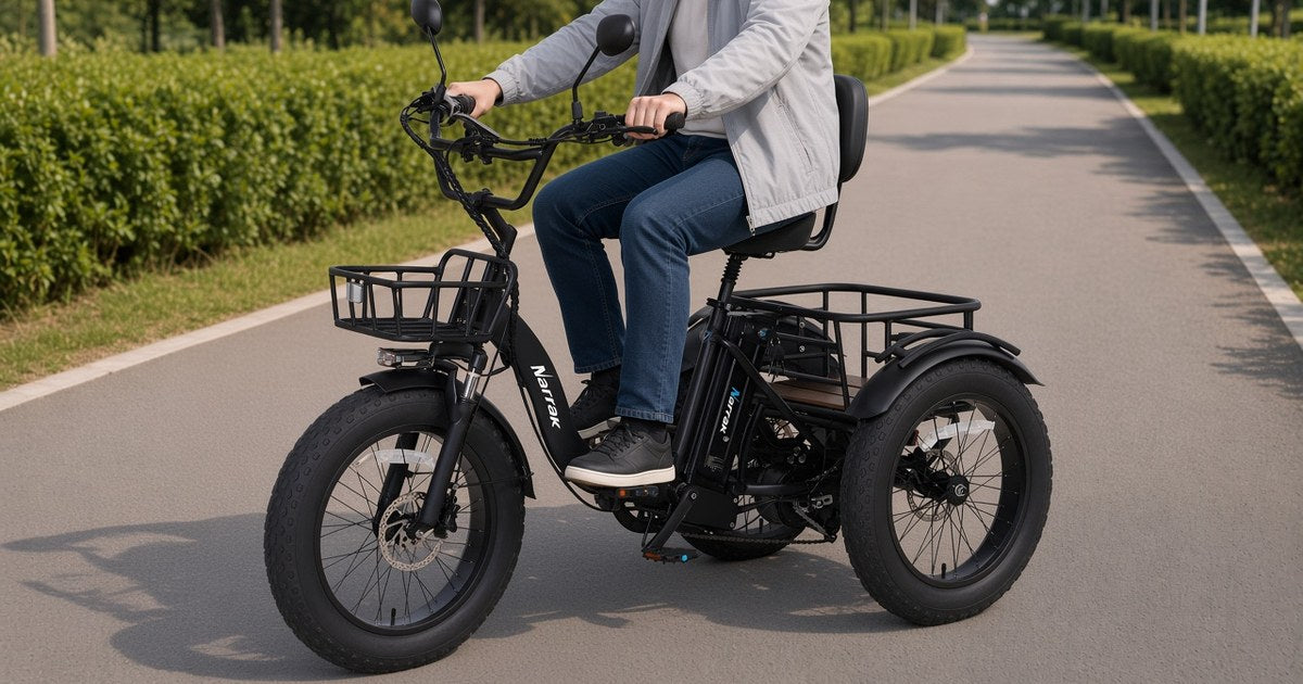 Narrak S180 folding electric trike with front basket and rear rack