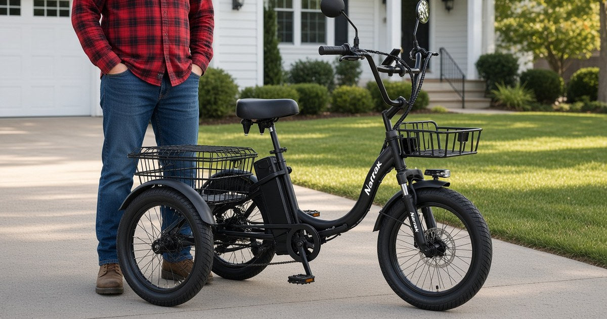 Narrak N3 electric trike with front basket and deep rear wire basket