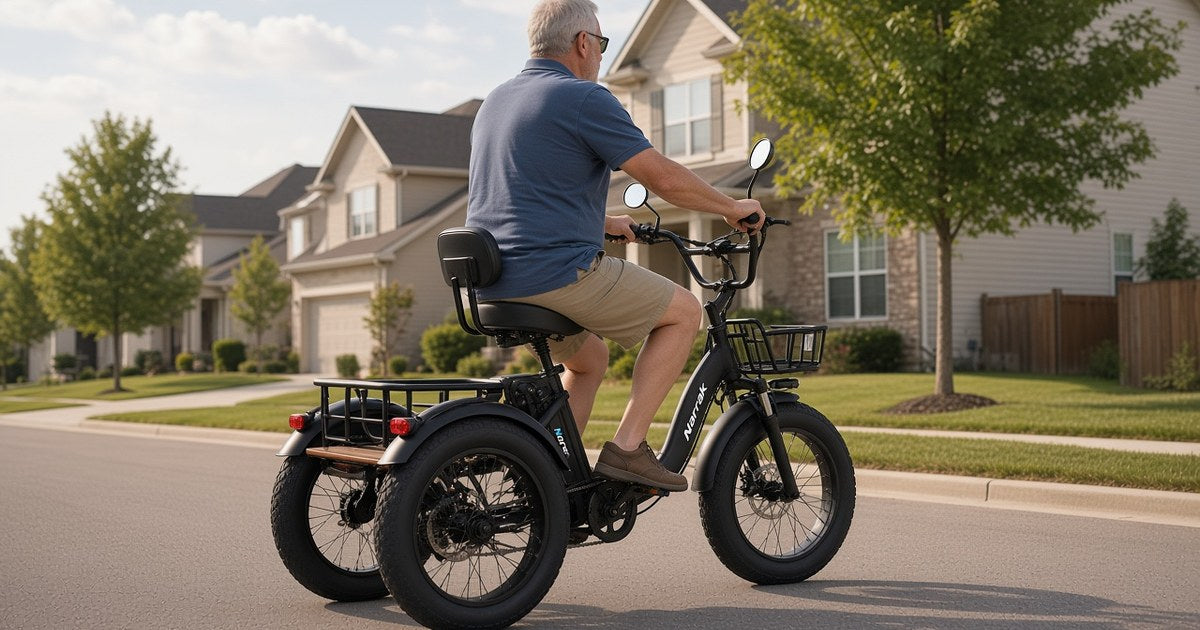 Rider on a Narrak S180 electric trike on a quiet residential street