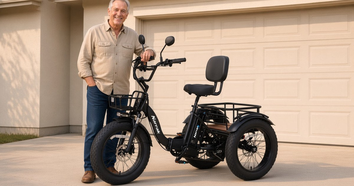 Narrak S180 folding electric trike with front basket and rear rack