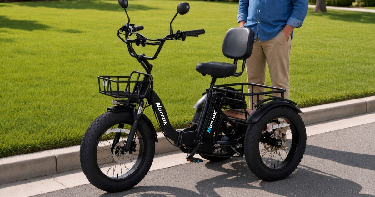 Narrak S180 folding electric trike with front basket and rear rack
