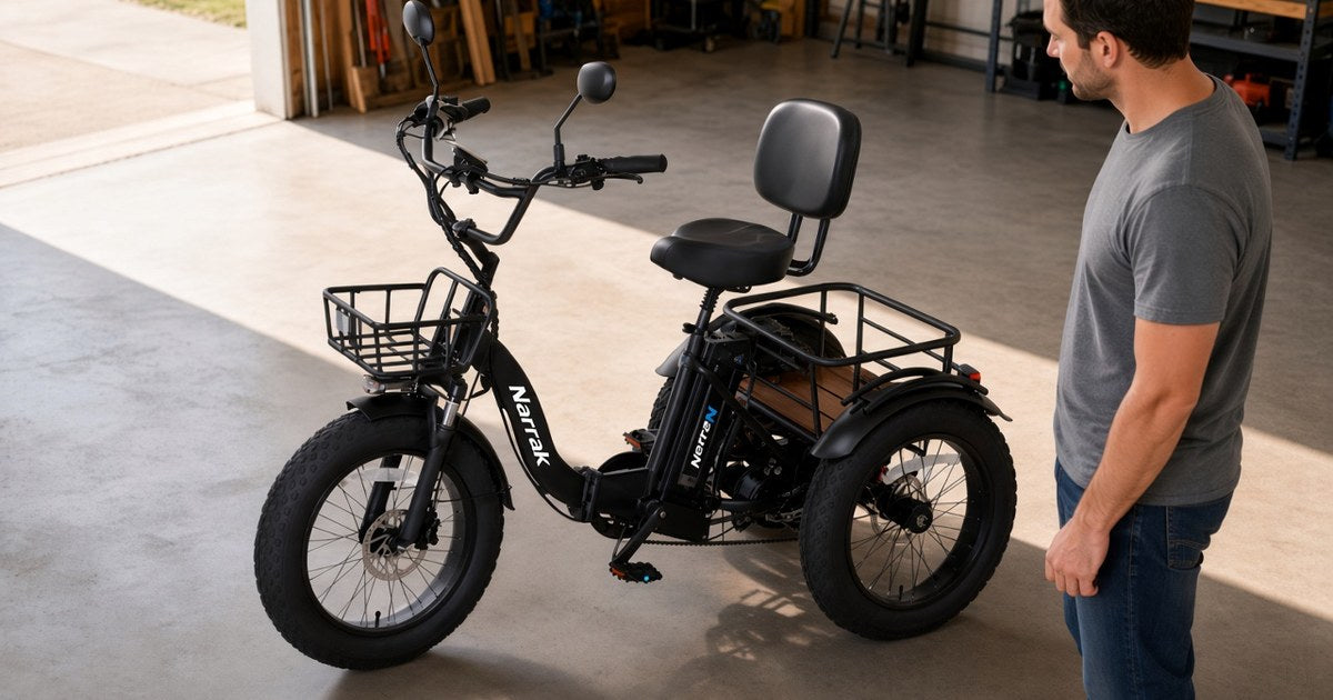 Narrak S180 folding electric trike with front basket and rear rack