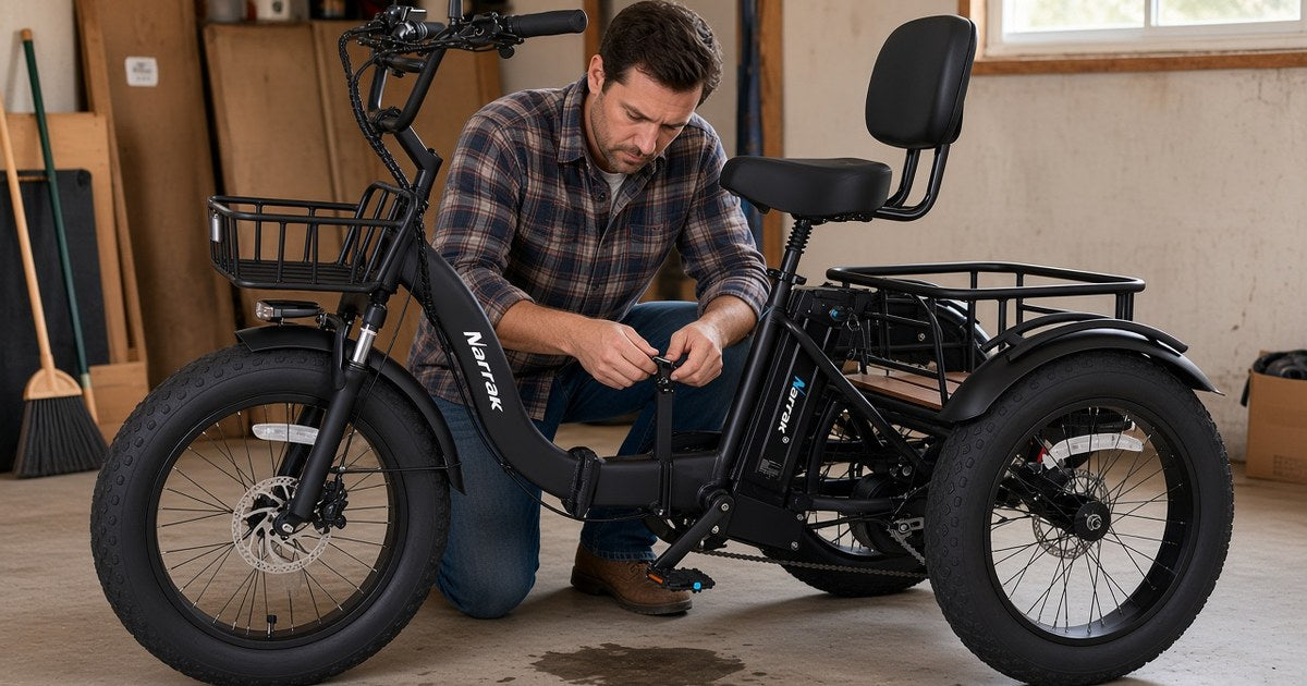 Man at the frame latch of a Narrak S180 folding electric trike in a garage