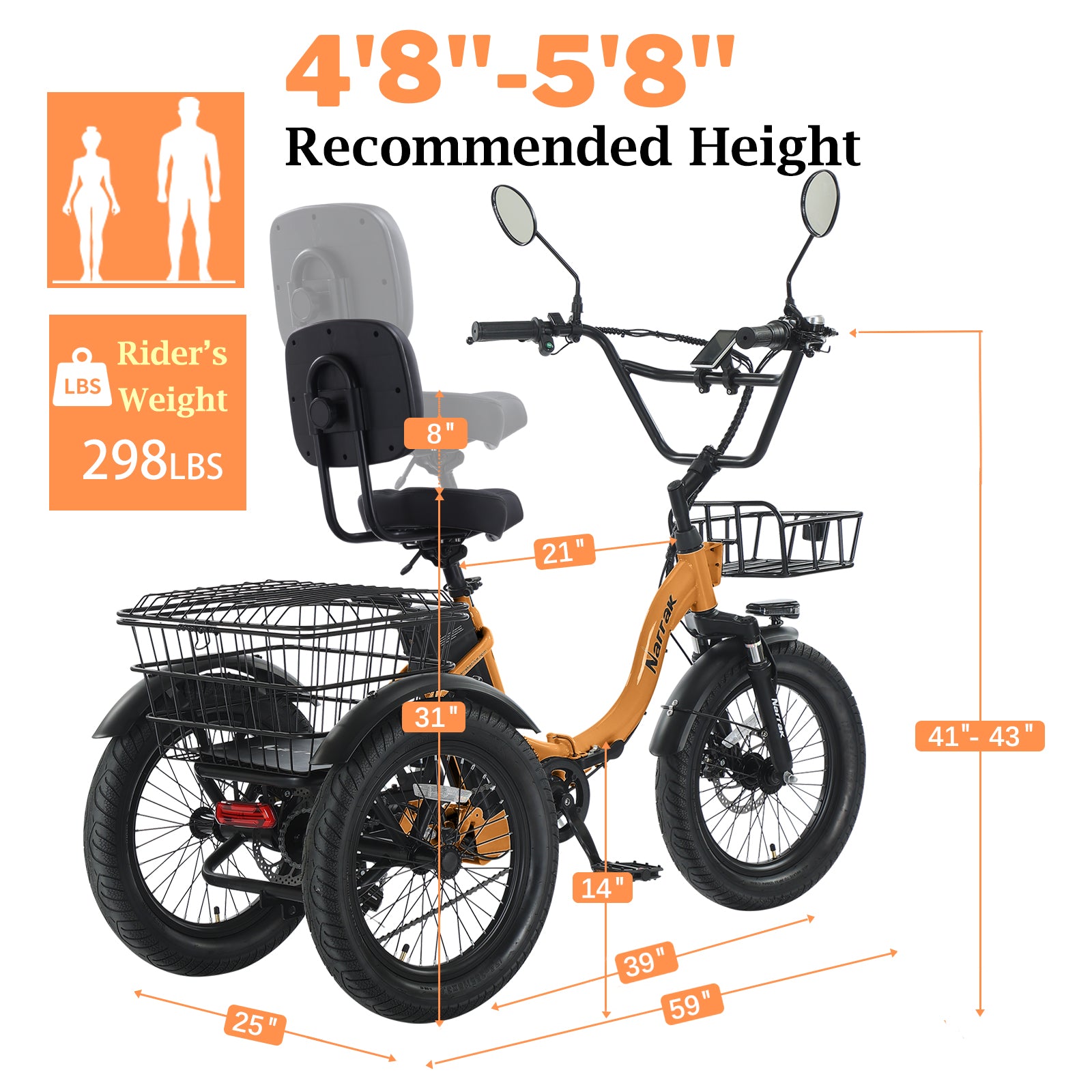 Electric Tricycle with Peak 1100W Motor, 624WH Removable Battery and Large Baskets 48V 13Ah 500W