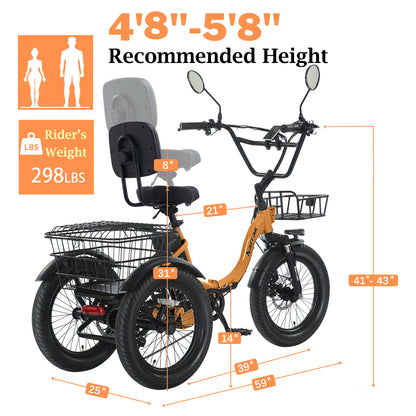 Electric Tricycle with Peak 1100W Motor, 624WH Removable Battery and Large Baskets 48V 13Ah 500W