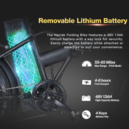Folding Electric Bicycle with Peak 1100W Motor 48V 13AH 624WH Removable Battery Step Over / Thru E-Bike