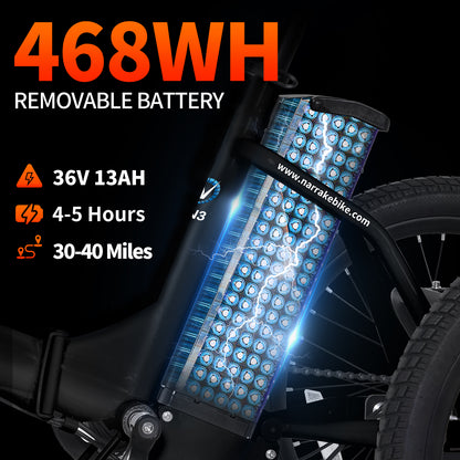 Electric Tricycle with Peak 700W Motor, 468WH Removable Battery and Large Baskets 36V 13Ah 350W