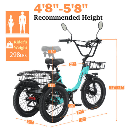 Electric Tricycle with Peak 700W Motor, 468WH Removable Battery and Large Baskets 36V 13Ah 350W