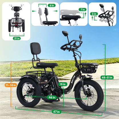 Electric Tricycle for Adults Seniors, 750W Fat Tire 3 Wheel E-Trike, 48V 13Ah UL 2849 Battery, 55-Mile Max Range, Semi-Recumbent Step-Through Adult Trike with 3 Hydraulic Brakes & Dual Baskets