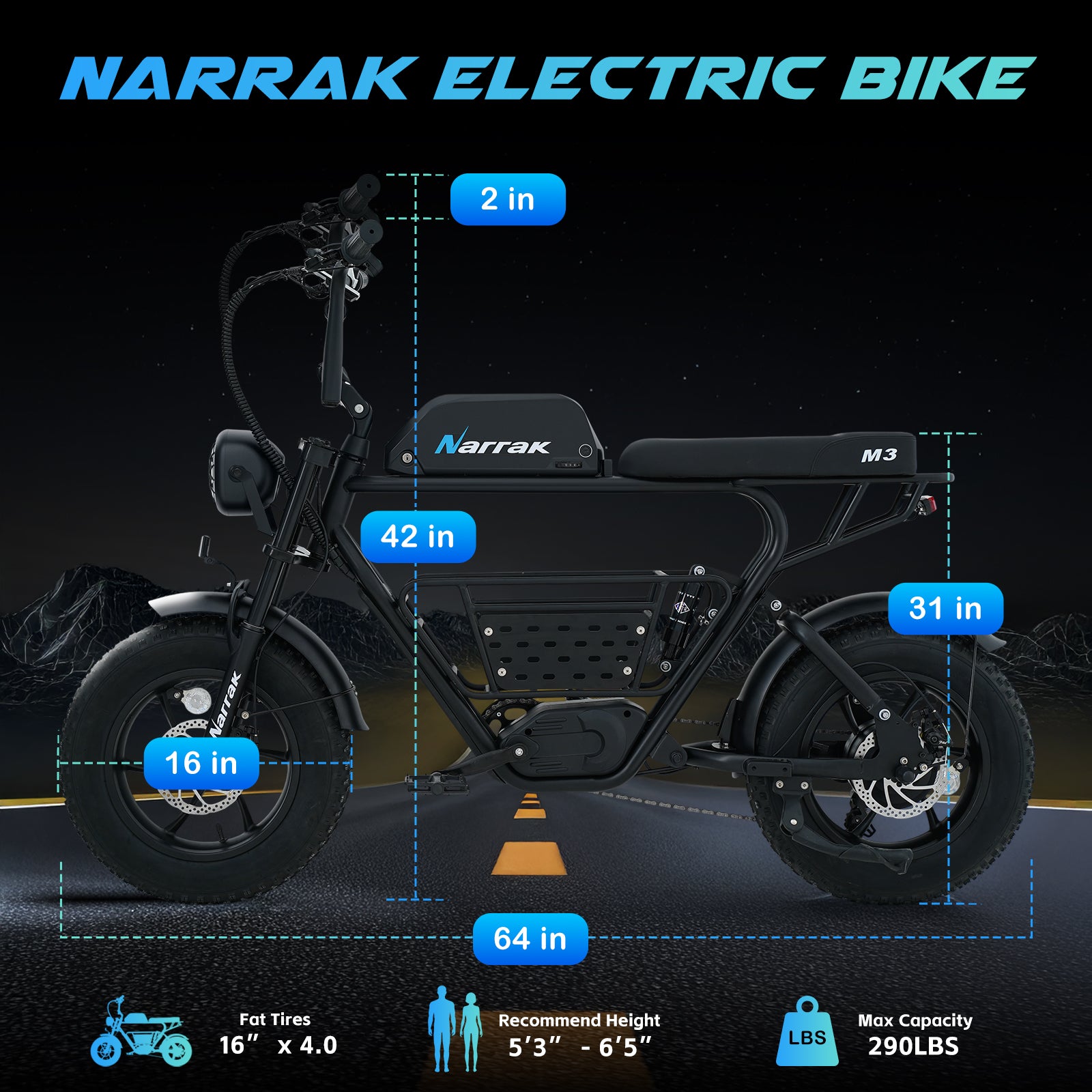 1100W Peak Motor 16"x 4.0 Fat Tires 48V 13AH Removable Battery Dirt E-Bike