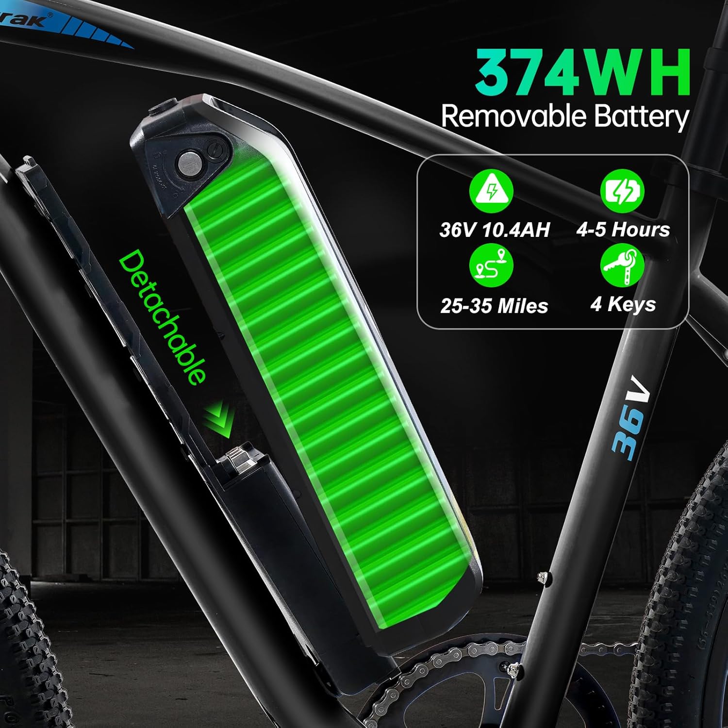 540W Peak Motor 36V 10.4AH Removable Battery Mountain Bike Black