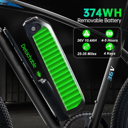 540W Peak Motor 36V 10.4AH Removable Battery Mountain Bike Black