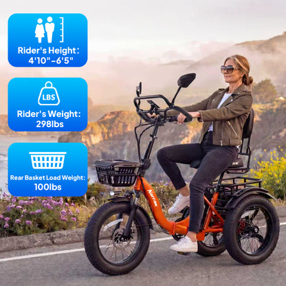 Electric Tricycle for Adults Seniors, 750W Fat Tire 3 Wheel E-Trike, 48V 13Ah UL 2849 Battery, 55-Mile Max Range, Semi-Recumbent Step-Through Adult Trike with 3 Hydraulic Brakes & Dual Baskets