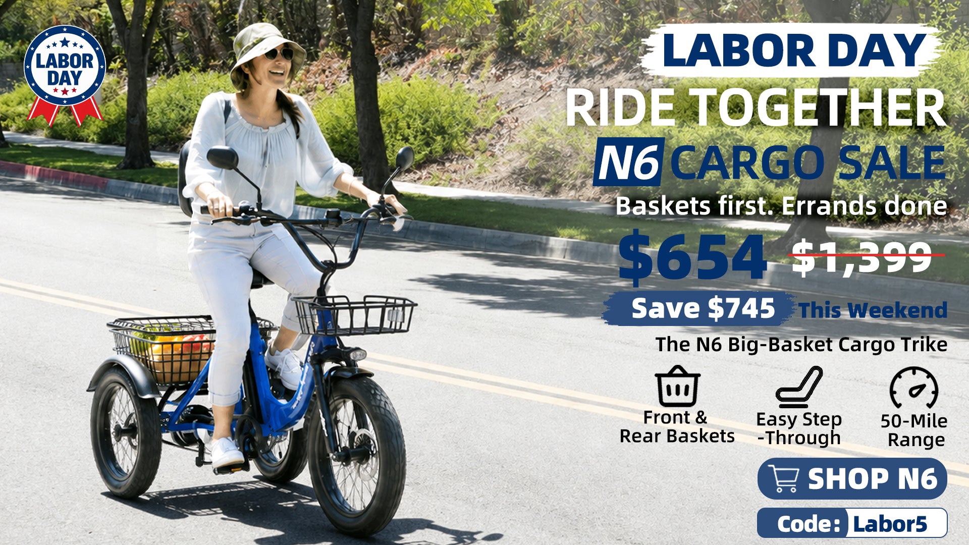 Electric Tricycle with Peak 1100W Motor, 624WH Removable Battery and Large Baskets 48V 13Ah 500W