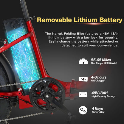 Folding Electric Bicycle with Peak 1100W Motor 48V 13AH 624WH Removable Battery Step Over / Thru E-Bike