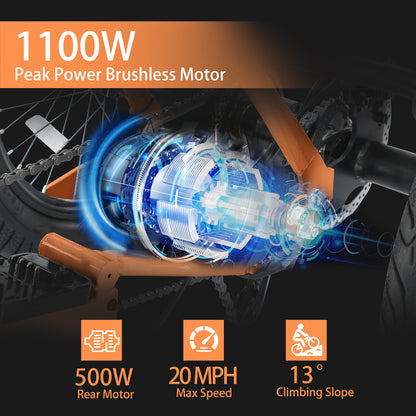 Electric Tricycle with Peak 1100W Motor, 624WH Removable Battery and Large Baskets 48V 13Ah 500W