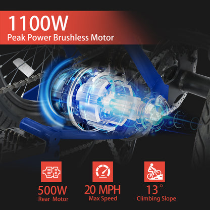 Electric Tricycle with Peak 1100W Motor, 624WH Removable Battery and Large Baskets 48V 13Ah 500W