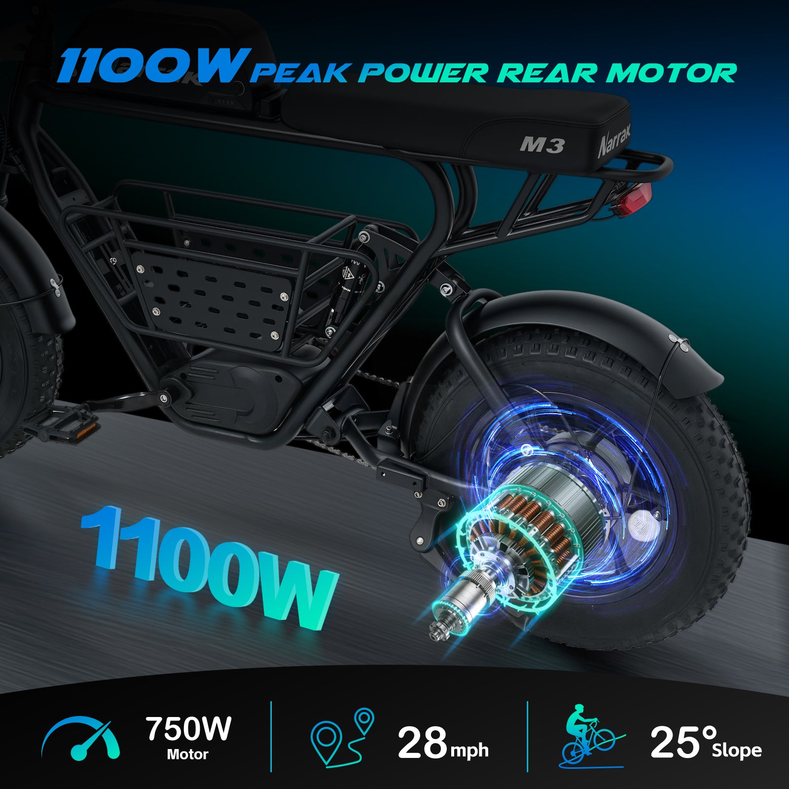 1100W Peak Motor 16"x 4.0 Fat Tires 48V 13AH Removable Battery Dirt E-Bike